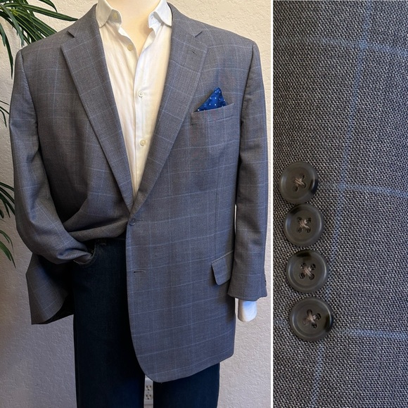 JOS A BANK BLAZER SIZE 50 GRAY BLUE WINDOWPANE SPORT COAT SILK WOOL JACKET